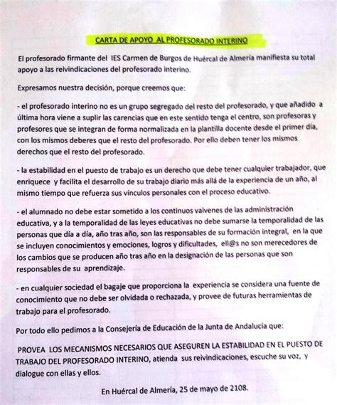 Y UNA TIZA AL CIELO Carta De Apoyo Al Profesorado Interino