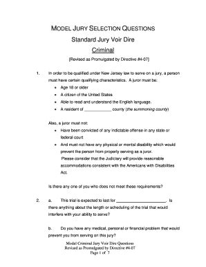 Fillable Online Model Jury Selection Questions Criminal Model Jury