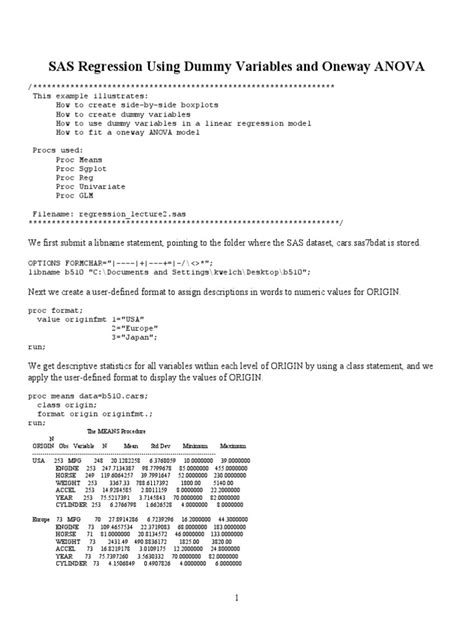 Dummy Variable Regression And Oneway Anova Models Using Sas Pdf Errors And Residuals