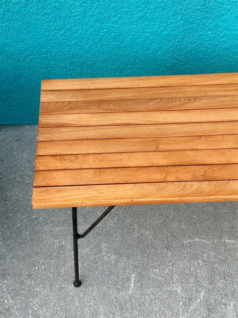 Mid Century Slat Wood Bench Coffee Table With Bench With Iron Legs Etsy