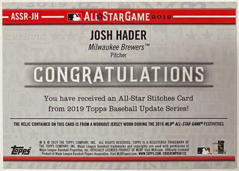 Josh Hader 2019 Topps Update Series Milwaukee Brewers Baseball All Star