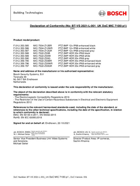 Fillable Online Declaration Of Conformity No BT VS 2021 L 001UK DoC