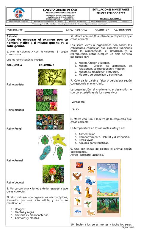 Biologia Evaluaci N Final Sistema De Gesti N De Calidad Colegio