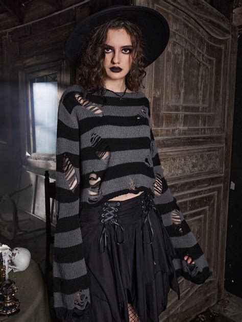 Goth Striped Pattern Distressed Sweater SHEIN UK