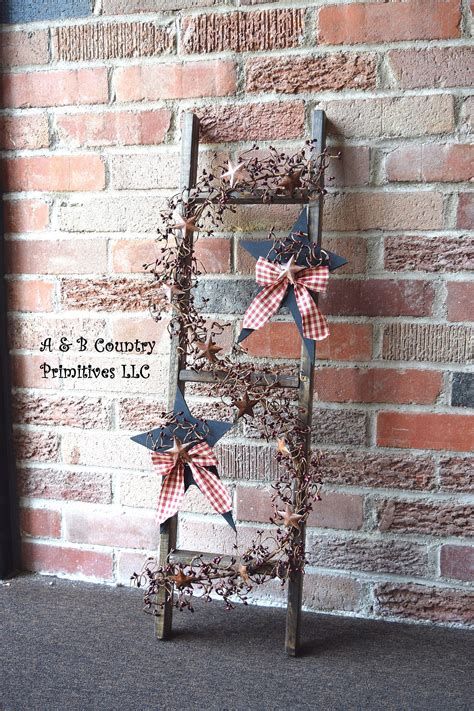 Country Ladder With Berry Garland And Primitive Wooden Stars Etsy