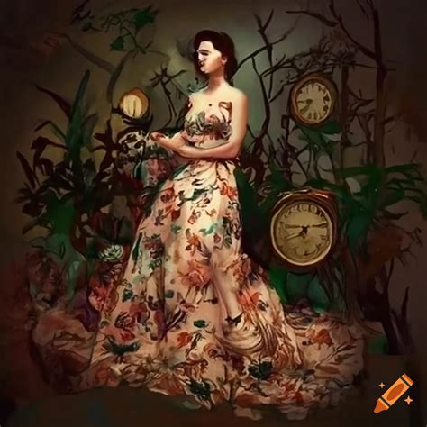 Impressionist Painting Of A Woman In A Floral Dress Among Clocks And