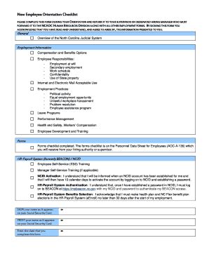 Fillable Online New Employee Orientation Checklist The North Carolina