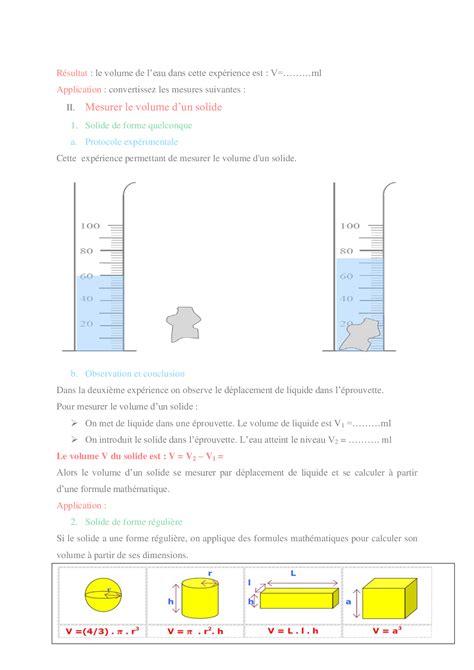 Mesure Du Volume Des Liquides Et Des Solides R Sum De Cours