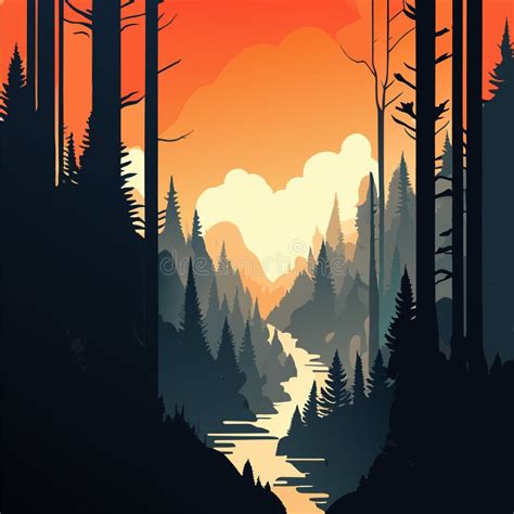 Silhouette Du Lac Forestier Au Coucher Du Soleil Illustration