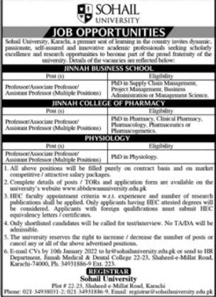 Sohail University Karachi Jobs Professor Job Advertisement