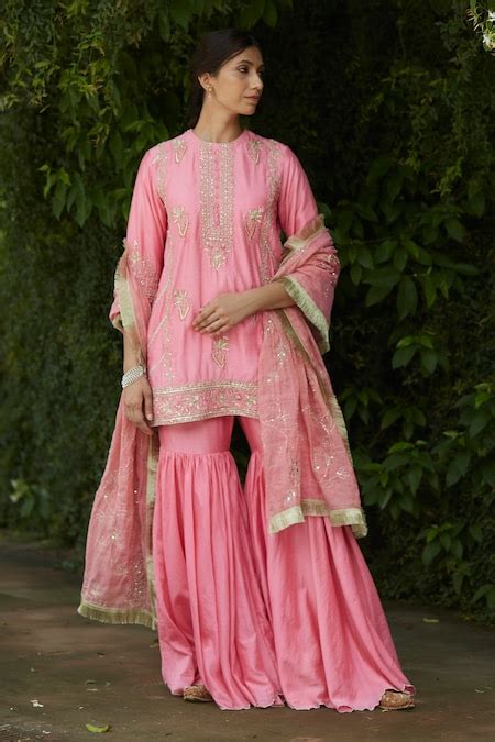 Buy Pink Handloom Chanderi Embroidery Gota Round And Zari Kurta Gharara