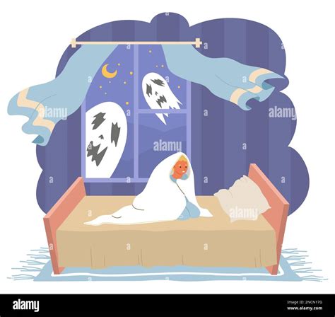 Child Fears Vector Little Boy Afraid Of Ghosts Illustration Sleepless