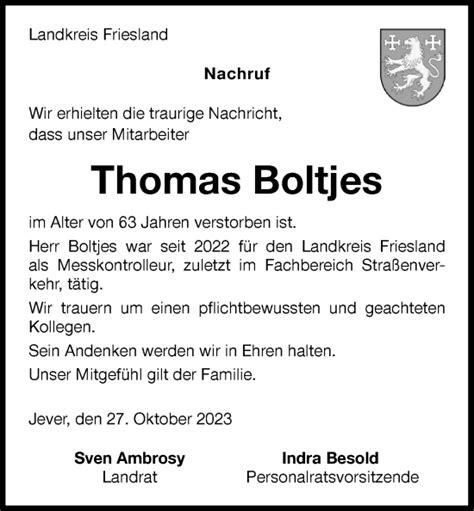 Traueranzeigen Von Thomas Boltjes Nordwest Trauer De