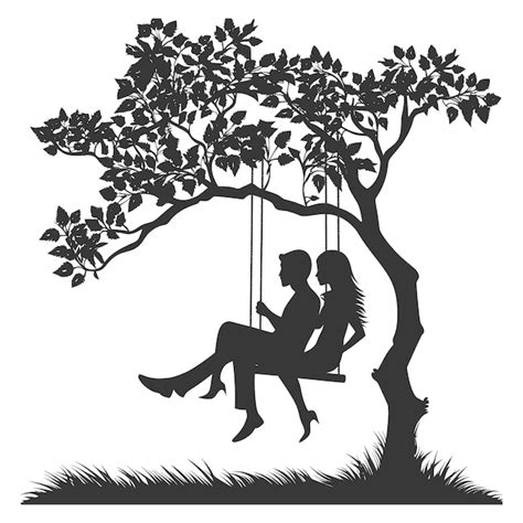 Silueta de una pareja en un columpio bajo un árbol Vector Premium