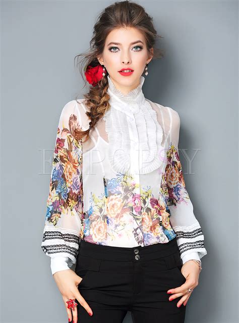 Tops Blouses Lantern Sleeve Non Locating Print Falbala Blouse