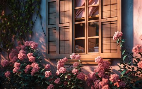 Premium AI Image A Window With Pink Flowers In Front Of It