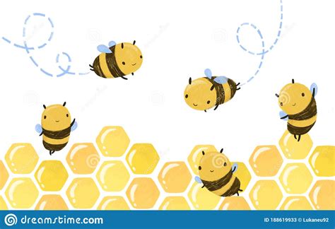 Cute Honey Bee with Flight Lines and Comb, and Outline Flowers Stock ...