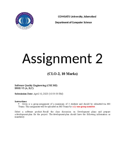 Assignment 2 Sqe V2 Comsats University Islamabad Department Of