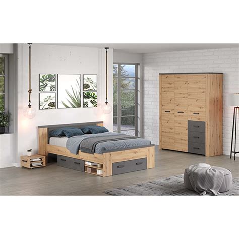 Fero Wooden Double Bed With Storage In Artisan Oak And Matera