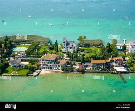 Aerial view, Sirmione peninsula on Lake Garda, Lago di Garda, Sirmione ...