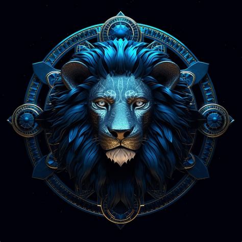 Signo del zodíaco leo dorado y azul sobre fondo negro ilustración de