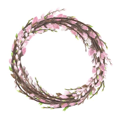 Premium Photo Pink Willow Pussy Wreath Watercolor With Spring Twigs