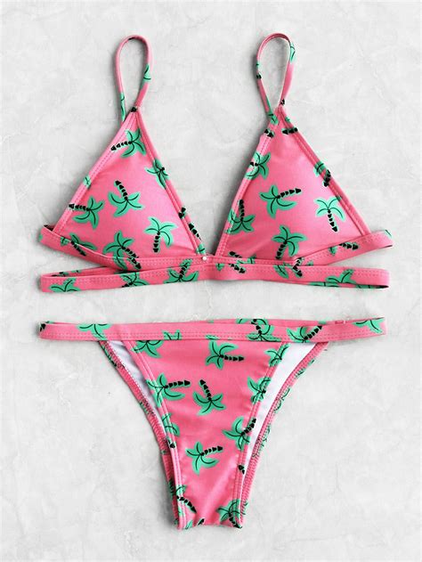 Shop Plant Print Triangle Bikini Set Online Shein Offers Plant Print