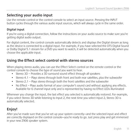 Selecting your audio input, Enjoy | Logitech Surround Sound Speakers ...