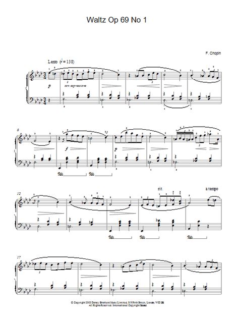 Frederic Chopin Waltz Op 69 No 1 Sheet Music For Piano Solo Download Pdf 24410