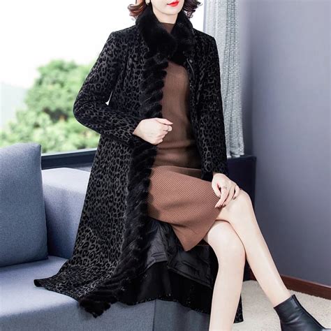 Frauen Schwarz Leopard Beflockung Woll Mantel Herbst Winter Dicke Warme