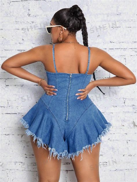 Shein Sxy Plus Size Denim Jumpsuit With Ruffled And Frayed Edges Great