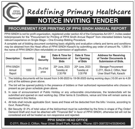 Pphi Sindh Tender Notice For Procurement Of Printing Of Pphi Annual