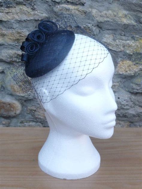 Navy Blue Fascinator Veil Cocktail Hat Sinamay Straw Head Piece