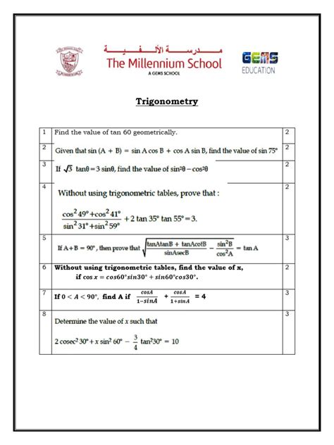 Trigonometry Worksheet Class 10 Pdf