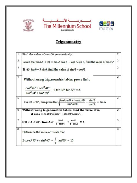 Trigonometry - Worksheet Class 10 | PDF