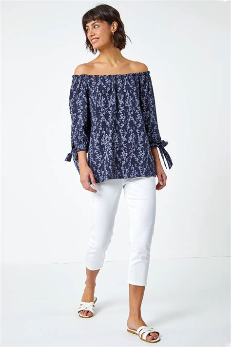 Navy Ditsy Floral Print Bardot Top Roman UK