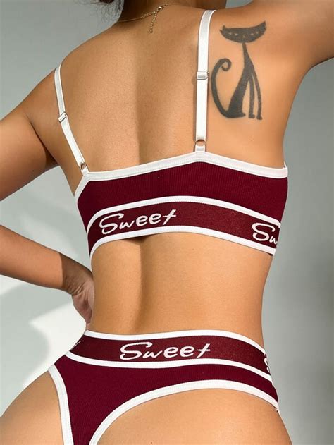 Letter Graphic Contrast Binding Lingerie Set For Sale Australia New