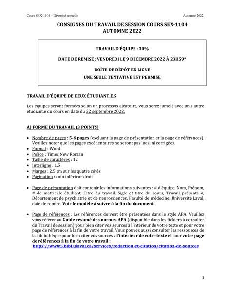 Consignes Travail De Session Sex 1104 Automne 2022 Consignes Du