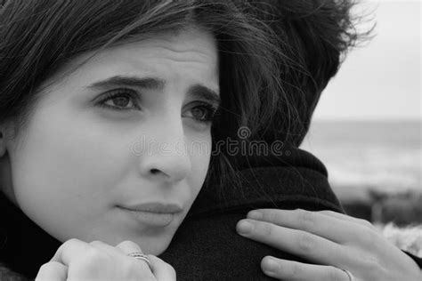 Woman Feeling Alone And Heart Broken Hugging Man Black And White Stock