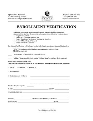 Fillable Online Enrollment Verification Columbus State University