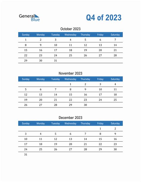 Q4 Quarterly Calendar 2023 in PDF, Word, Excel