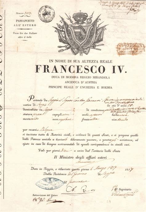 1817 Passport Francesco Iv Rilasciato A Reggio Emilia Ducato Di Modena Reggio Parma