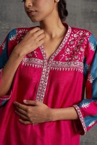 Buy Pink Raw Silk Embroidered Floral V Neck Gul Kurta And Pant Set For