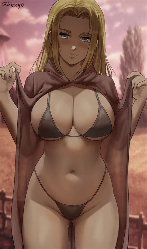 Rule 34 1girls Attack On Titan Big Breasts Bikini Blonde Hair Blue Eyes Breasts Dimly Lit