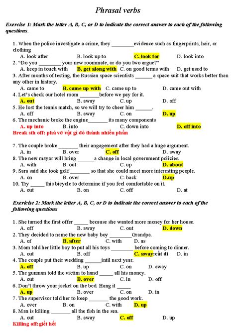 Phrasal Verbs Practice Phrasal Verbs Exercise Mark The Letter A