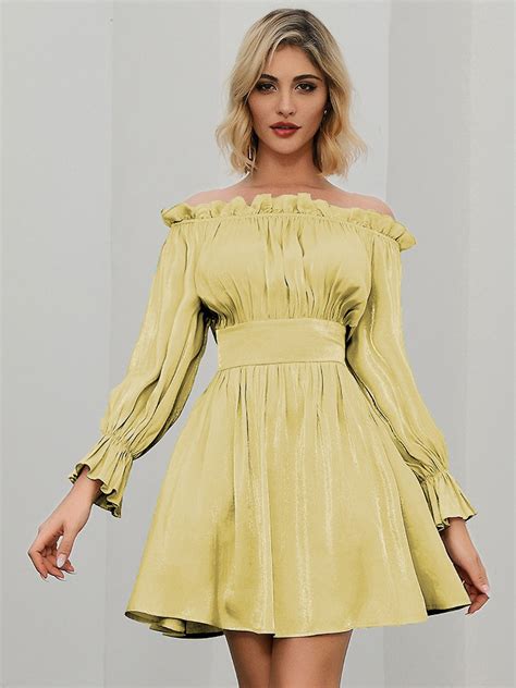 Off Shoulder Ruched Flounce Sleeve Dress