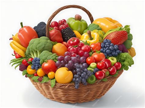Полная разнообразная корзина, наполненная яркими фруктами и овощами ...
