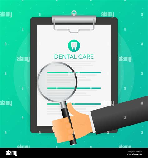 Hand Holds Magnifying Glass Over Tablet With Dental Care On Green Background Vector