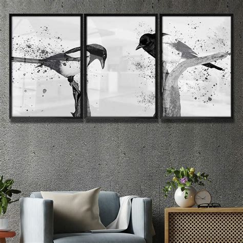 Kit 3 Quadros Decorativos Abstrato Pássaros Preto e Branco No Galho