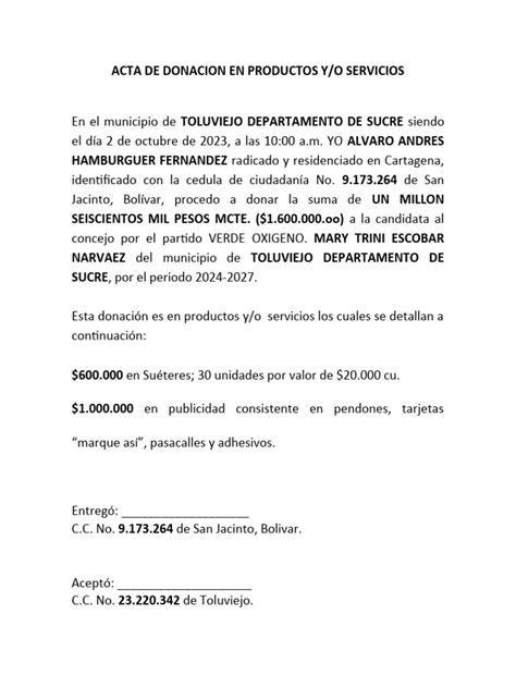 Acta De Donacion En Especie Mary Trini Pdf